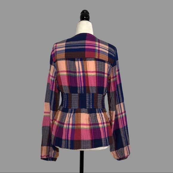 💛 XS 💛 NWT Anthro Blouse Plaid Smocked Waist V Neck Buttons Long Sleeves - Picture 2 of 7